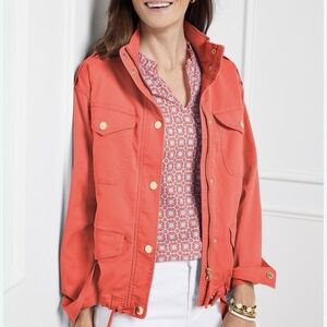 Talbots Cropped Field Jacket XL Coral Pink Safari Travel Adventure Cinched Prep